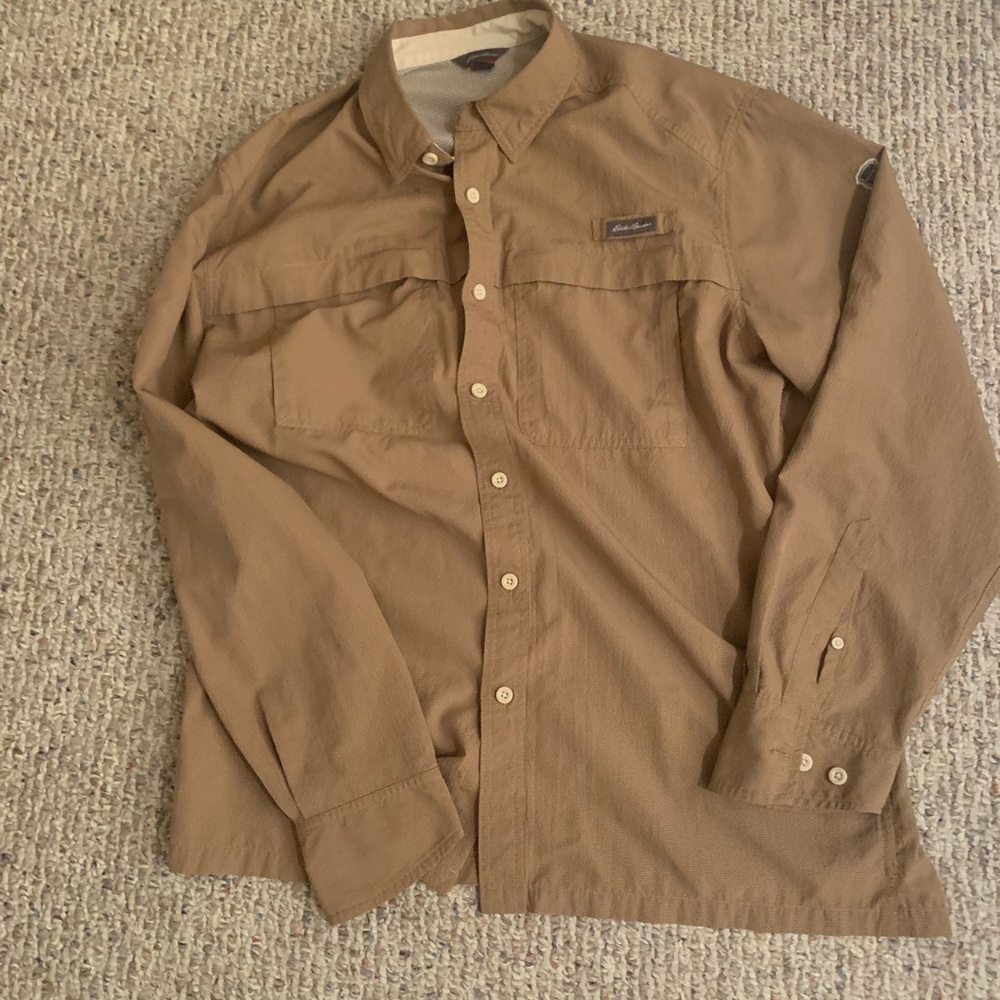 Eddie Bauer Tan Sport travel shirt men's l large